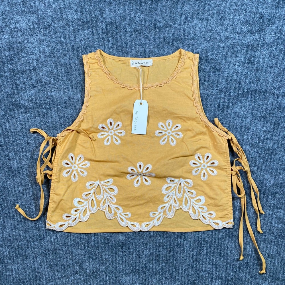 By Together Orange Linen Blend Floral Eyelet Side Tie Sleeveless Top Small